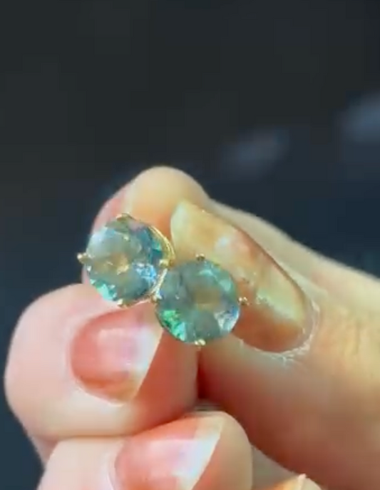Vintage 14k Gold Round Brilliant Cut Blue Topaz Studs