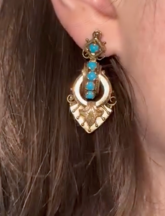 Victorian 14k Yellow Gold Turquoise Drop Earrings