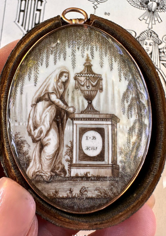 Georgian Original Boxed Sepia Mourning Hair Miniature Pendant