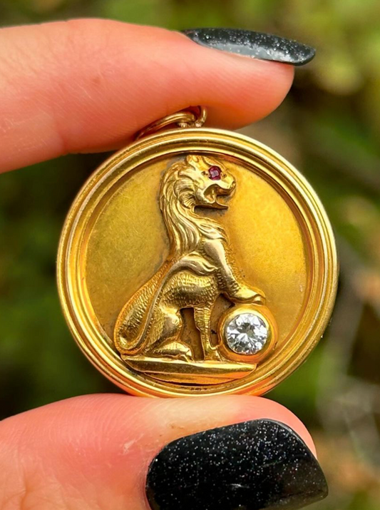 Vintage 14k Solid Gold Diamond Lion Locket