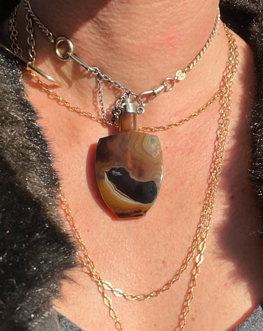 Antique Chatelaine Banded Agate and Silver Perfume Bottle Pendant
