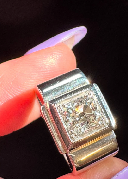 Antique French 18k White Gold Old Mine Cut Diamond Tank Ring