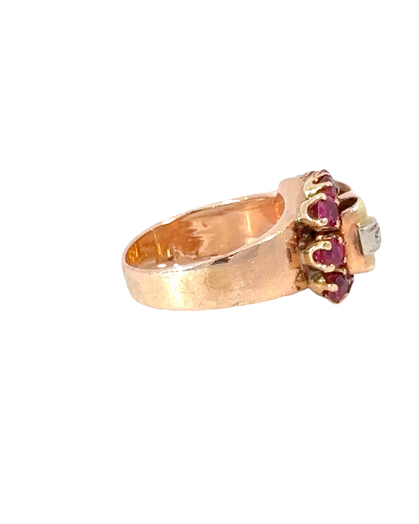 Retro 14k Gold Ruby and Diamond Buckle Ring
