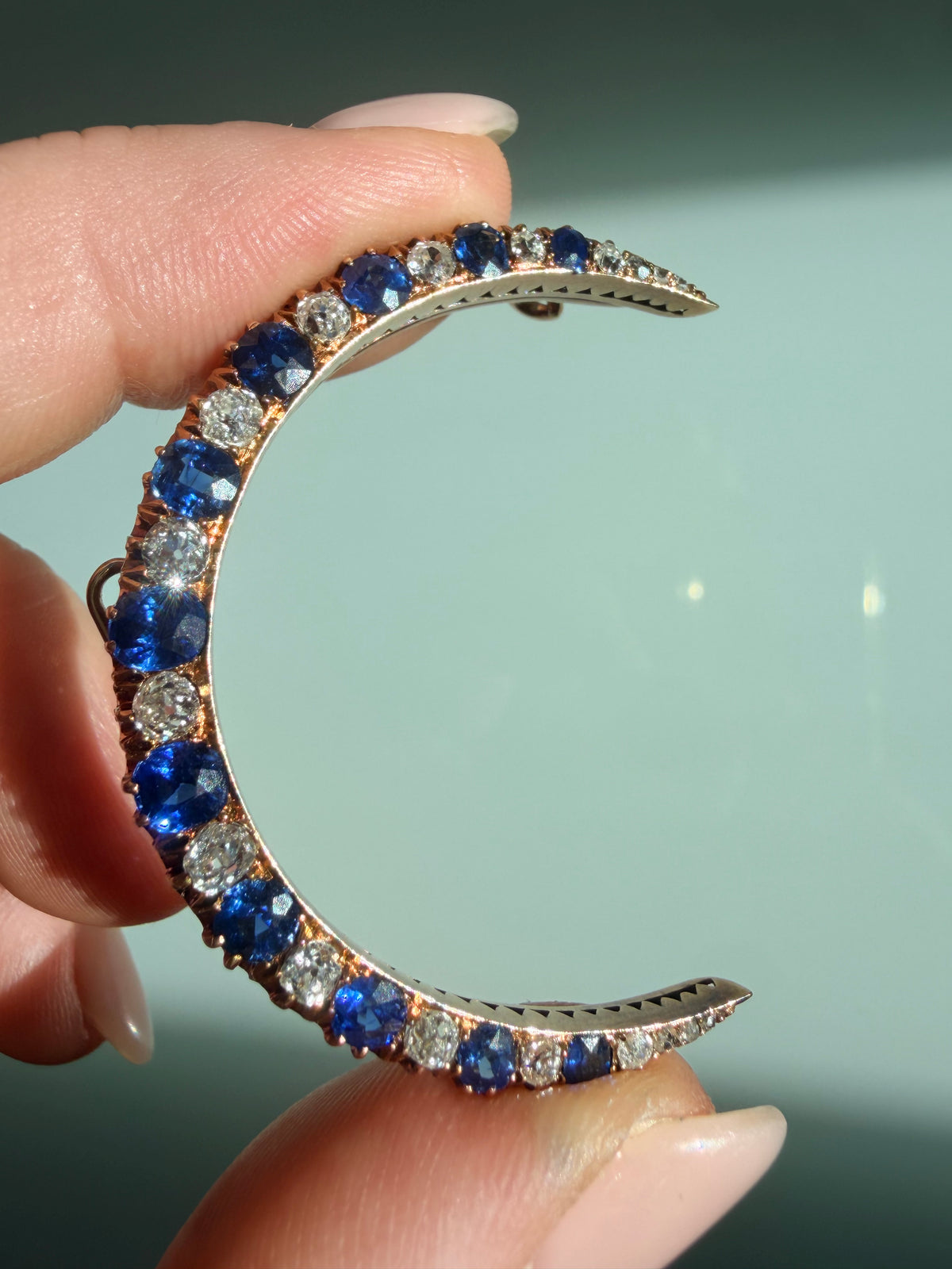 Antique Russian Sapphire and Diamond Crescent Brooch