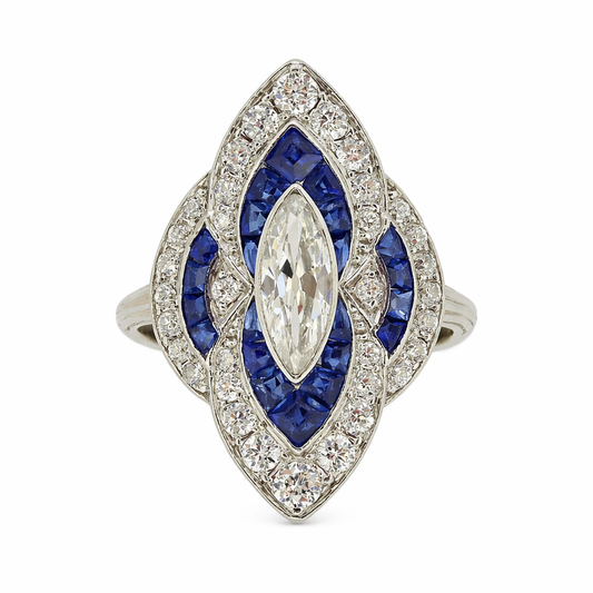 Art Deco Sapphire and Diamond Navette Ring