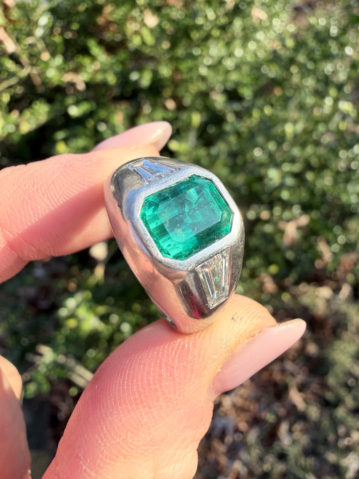 Vintage Platinum Emerald and Diamond Ring