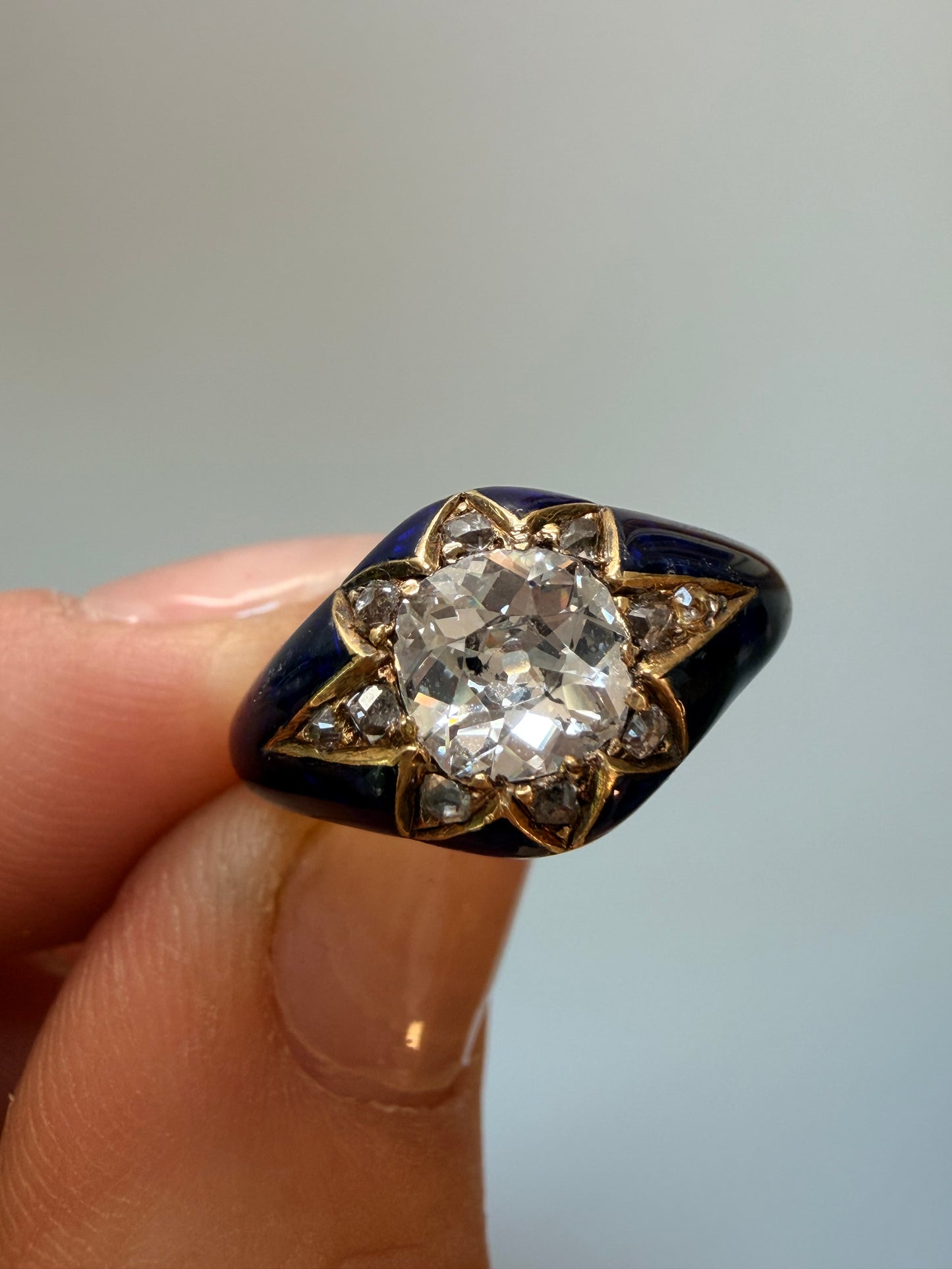 Antique Diamond and Blue Enamel Star Ring