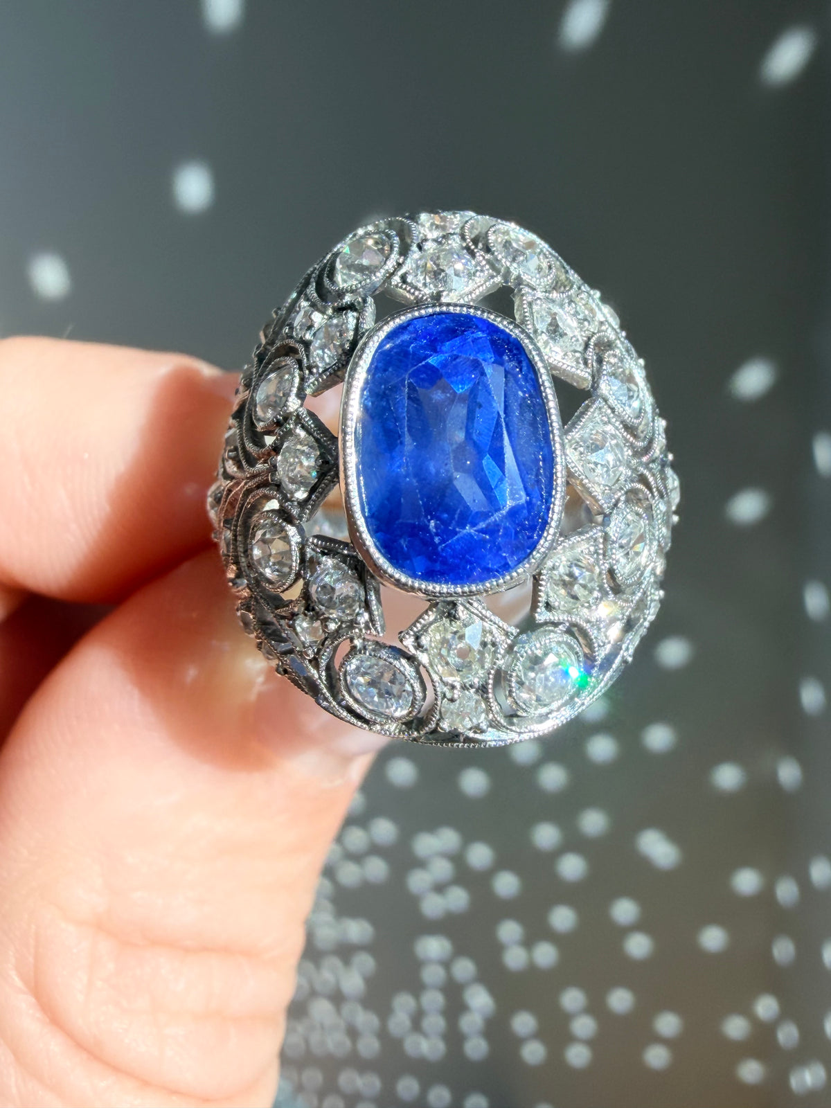 Antique Ceylon Sapphire and Diamond Cluster Ring