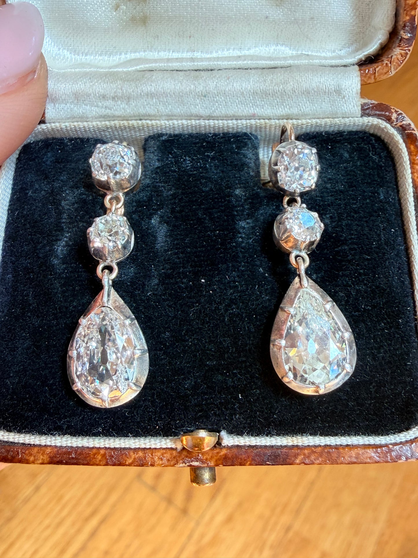 Antique Pear Cut and Old Mine Cut Diamond Drop Earrings