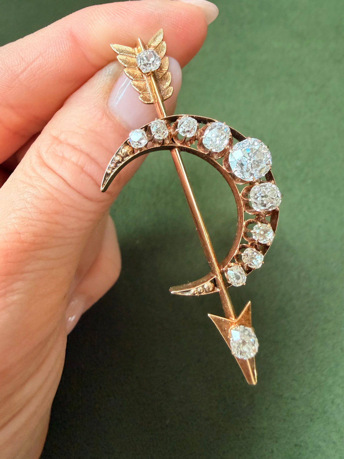 Antique Old Mine Cut Diamond Crescent & Arrow Brooch