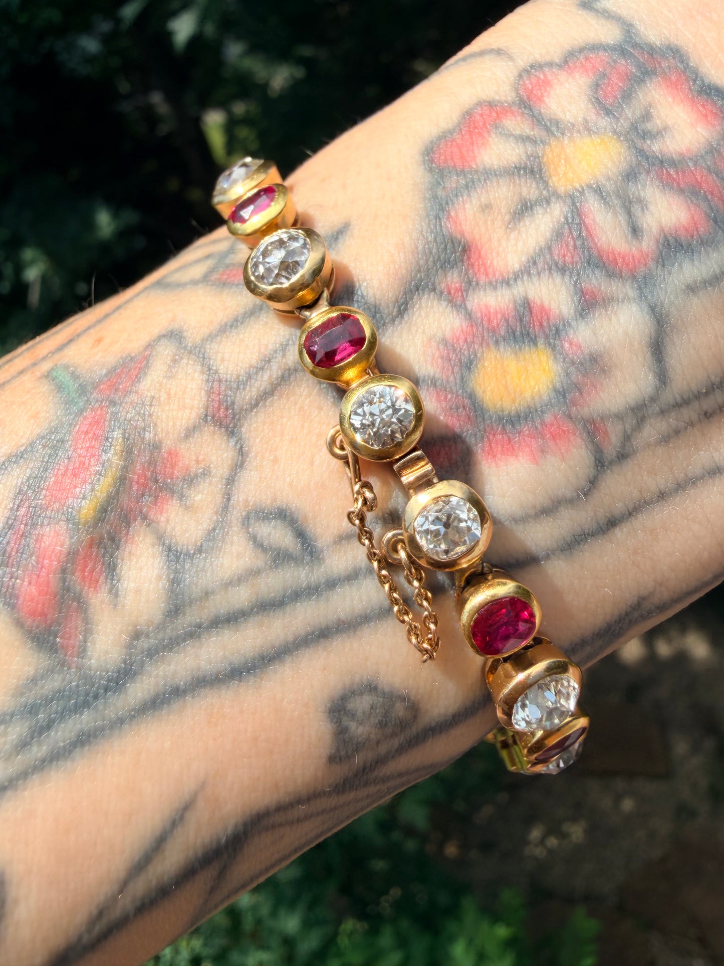 Antique Burmese No Heat Ruby and Old Cut Diamond Alternating Bracelet