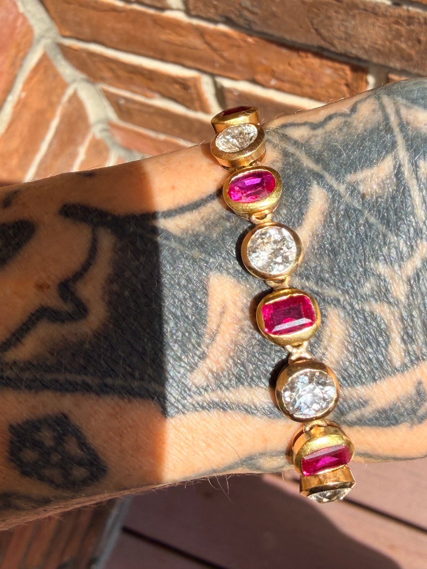 Antique Burmese No Heat Ruby and Old Cut Diamond Alternating Bracelet