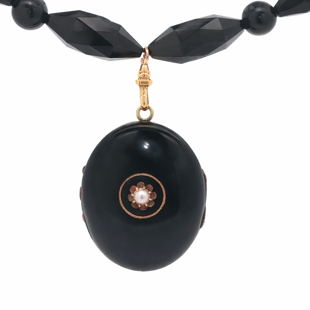 Antique Onyx and Pearl Chunky Chain Locket