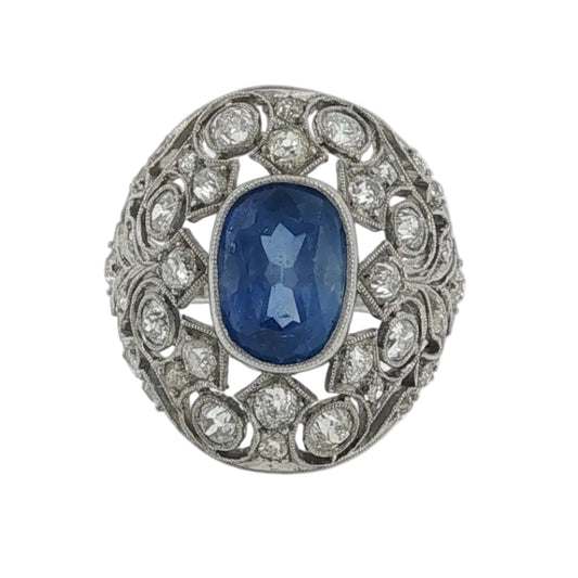 Antique Ceylon Sapphire and Diamond Cluster Ring