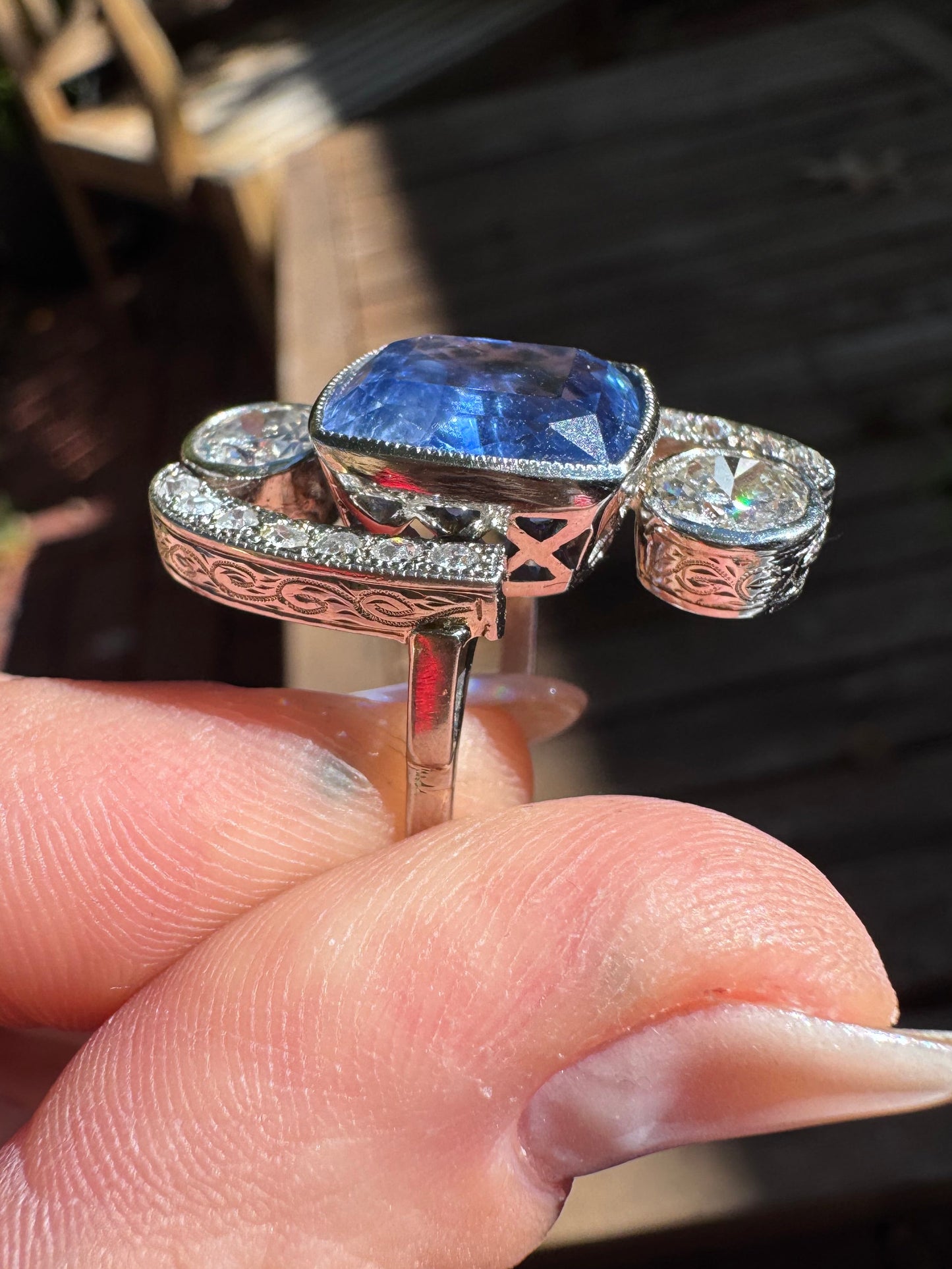 Art Deco Unheated Ceylon Sapphire and Diamond Cocktail Ring
