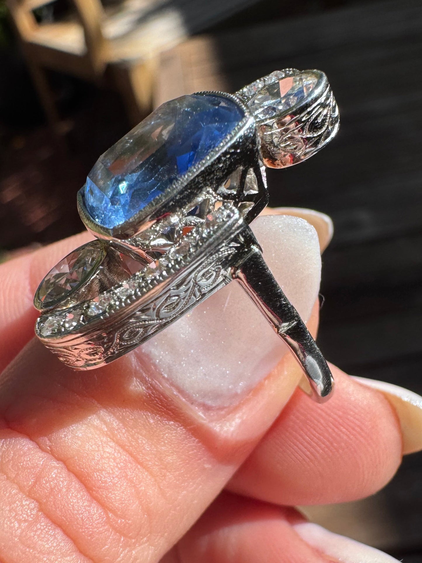 Art Deco Unheated Ceylon Sapphire and Diamond Cocktail Ring