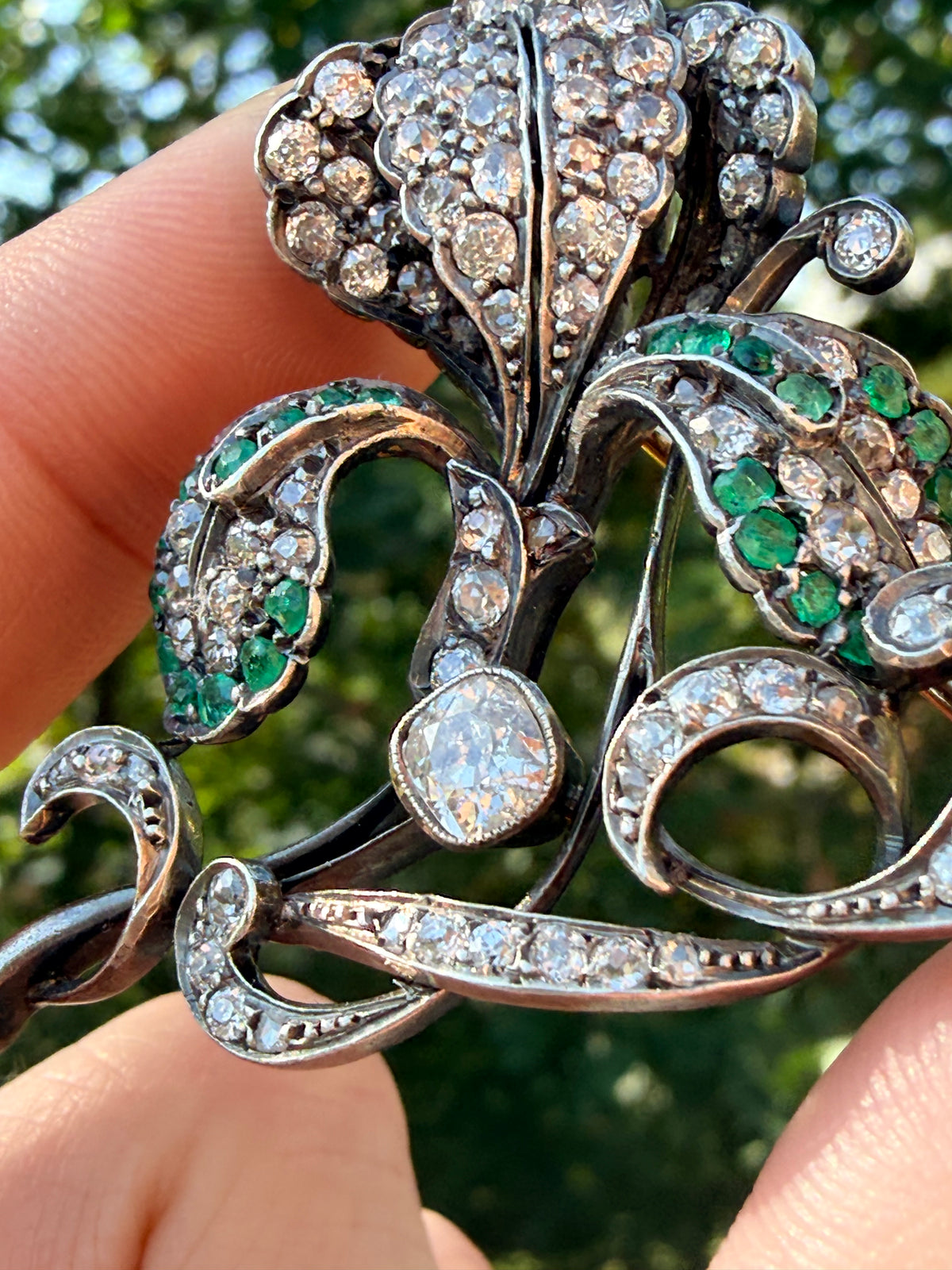 Victorian Emerald & Old Mine Cut Diamond Flower Spray Brooch