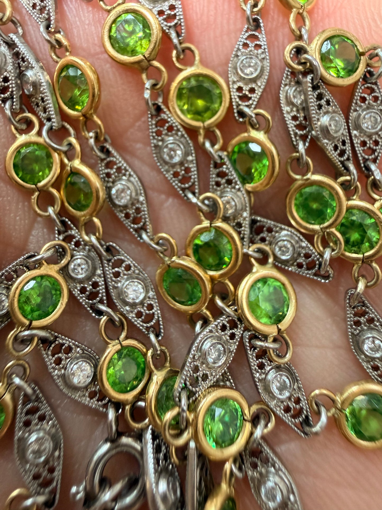 Vintage Demantoid Garnet and Diamond Station Link Necklace