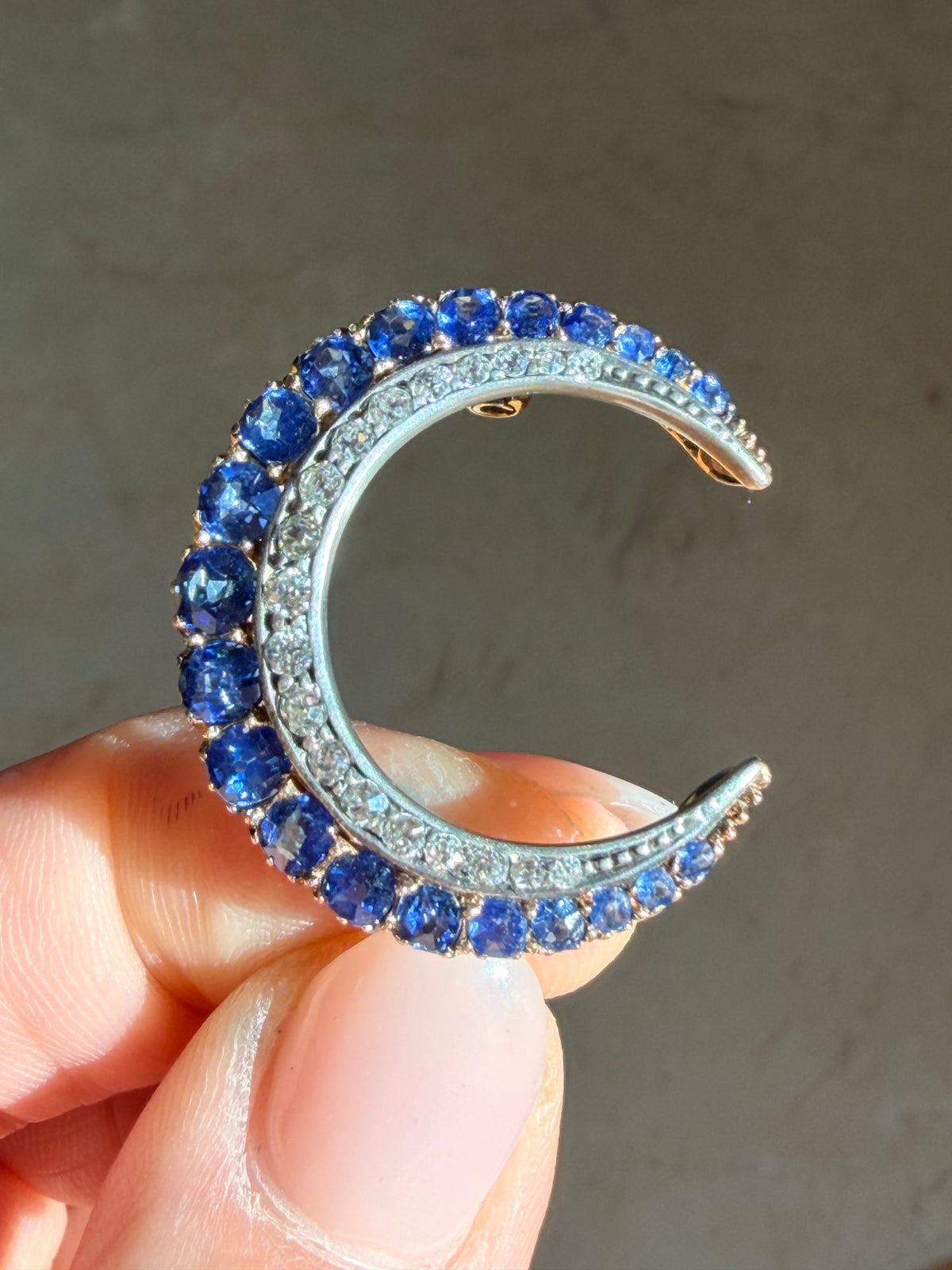 Antique Sapphire and Diamond Crescent Brooch