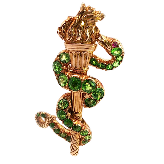 Victorian Demantoid Garnet Snake Torch Brooch