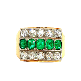 Antique Emerald and Old Mine Cut Diamond Three Row Ring