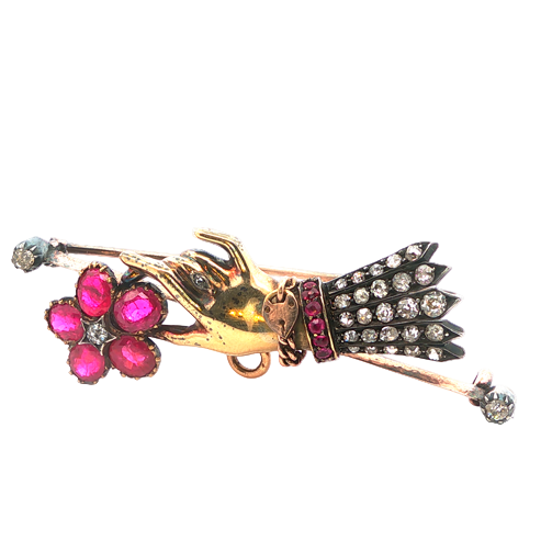 Victorian Ruby and Diamond Mourning Hand Brooch