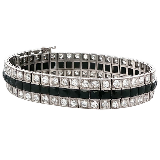 Art Deco Mixed Antique Cut Diamond and Onyx Line Bracelet