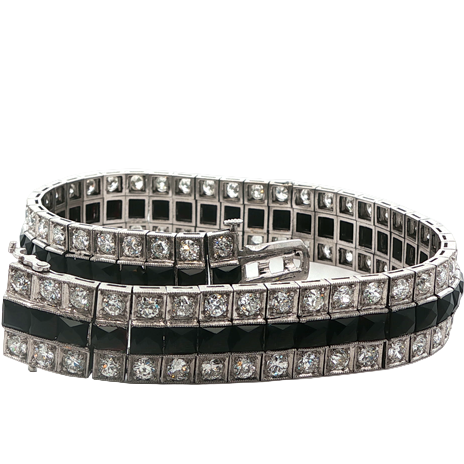 Art Deco Mixed Antique Cut Diamond and Onyx Line Bracelet