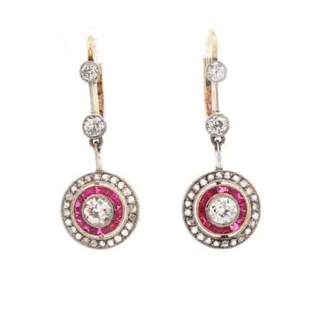 Art Deco Ruby and Diamond Target Drop Earrings