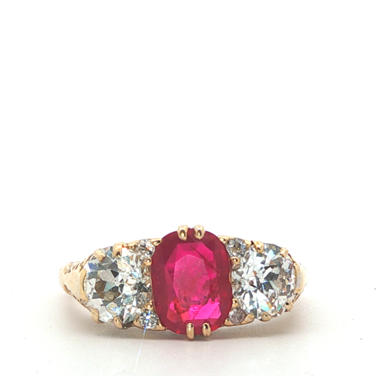 Victorian Burmese Ruby and Diamond Three Stone Ring