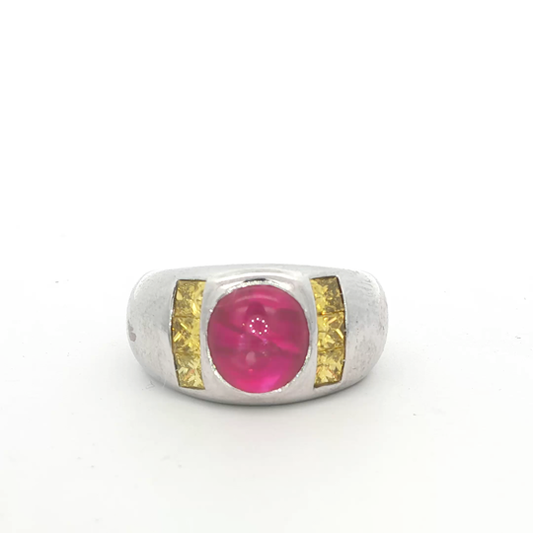 Vintage Flush Set Burmese Star Ruby Yellow Diamond Ring