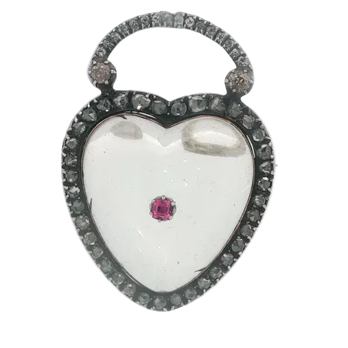 Georgian Rock Crystal Ruby and Diamond Heart Padlock Brooch Pendant