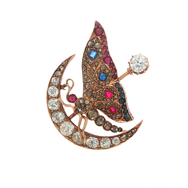 Victorian Butterfly Crescent Diamond and Gemstone Brooch