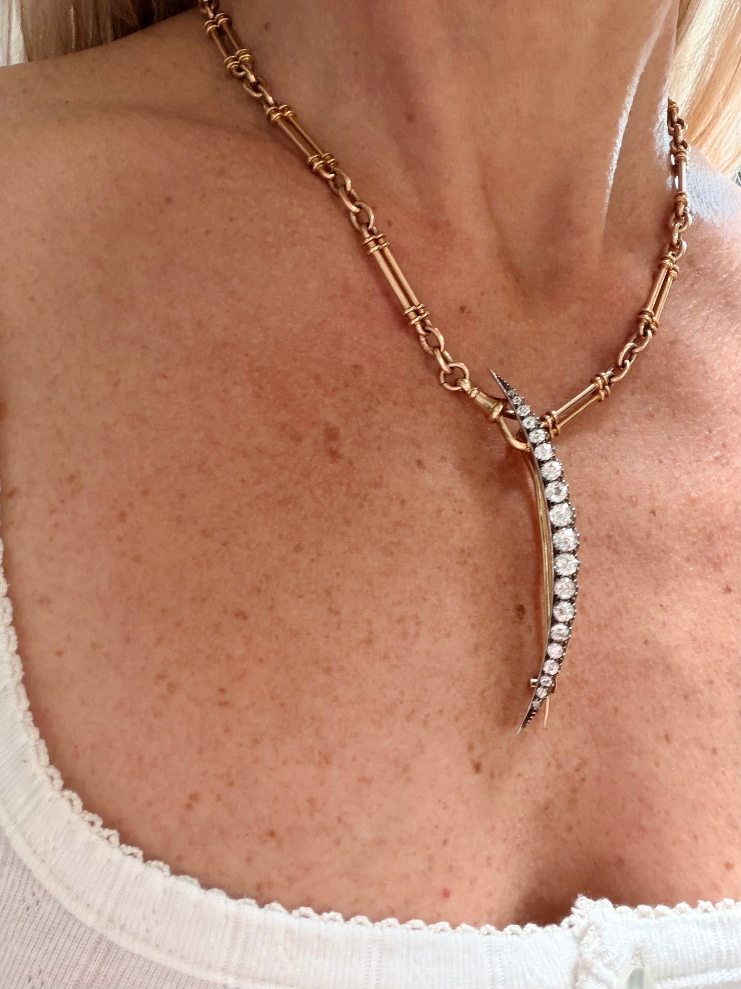 Victorian Old European Cut Diamond Crescent Brooch