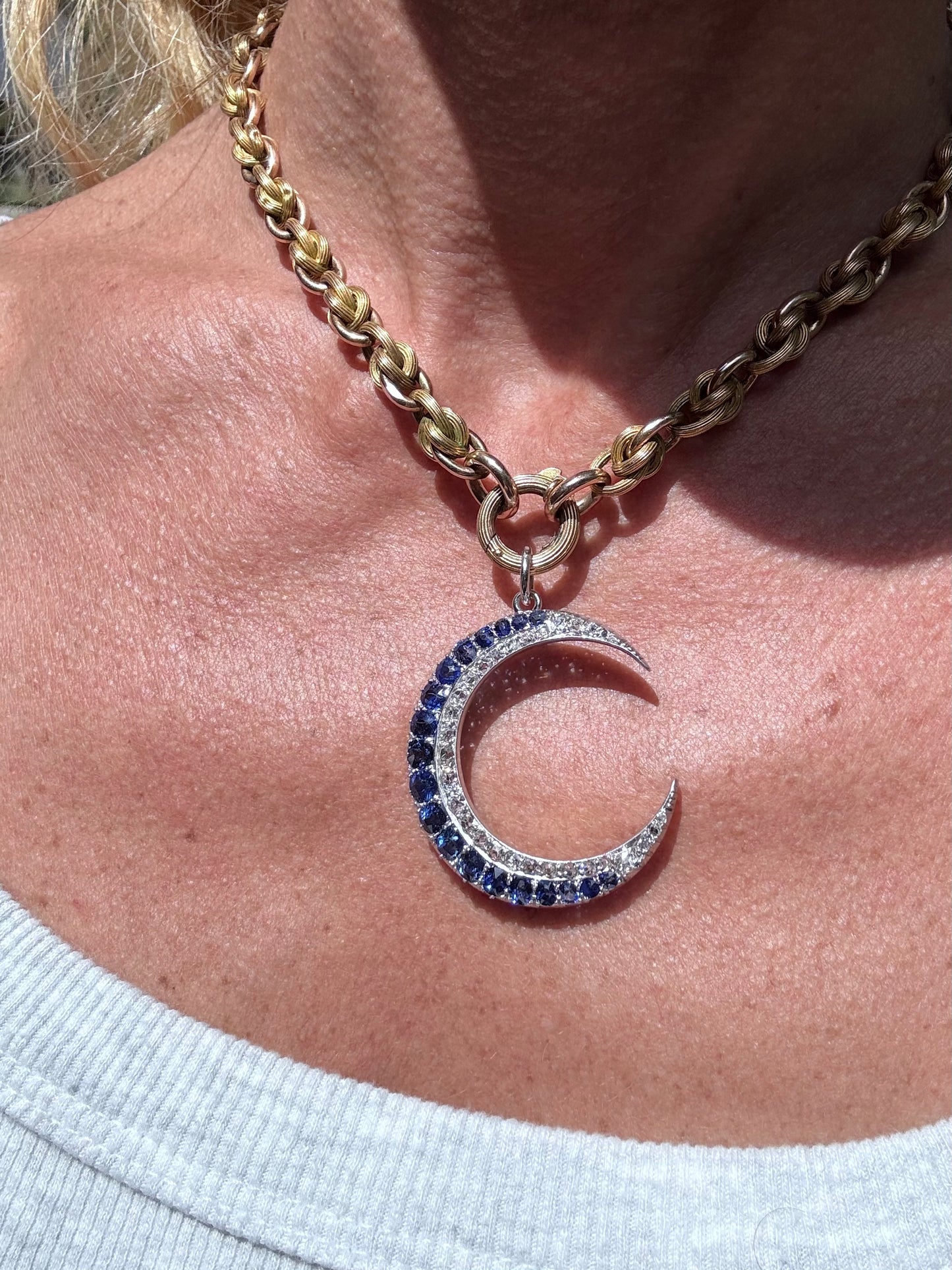 Edwardian Sapphire and Diamond Crescent Moon Pendant