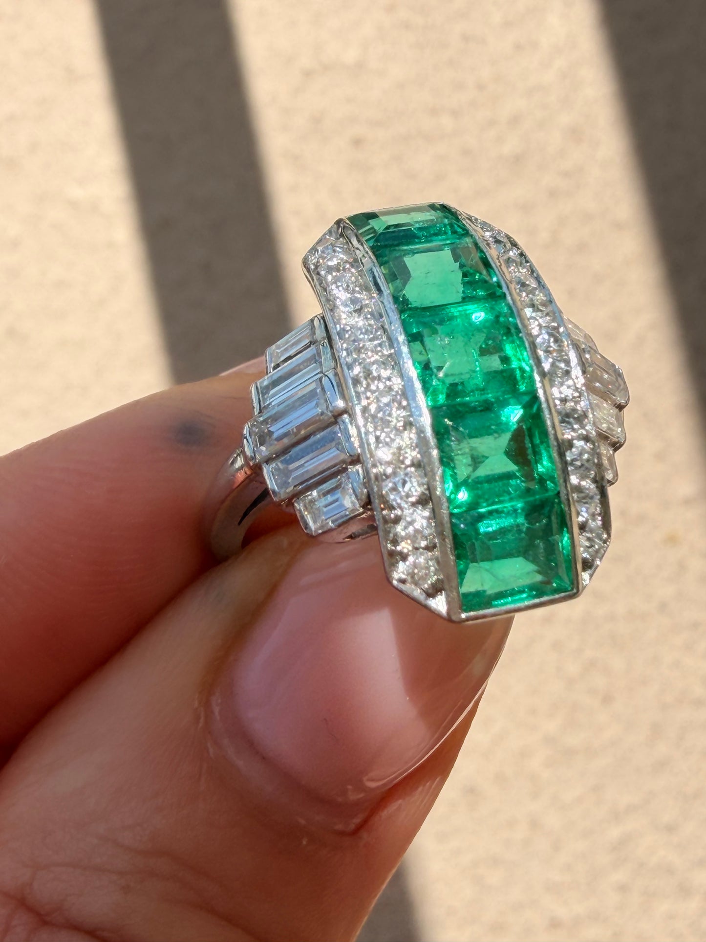 Art Deco Emerald and Diamond Platinum Dress Ring, circa 1920s