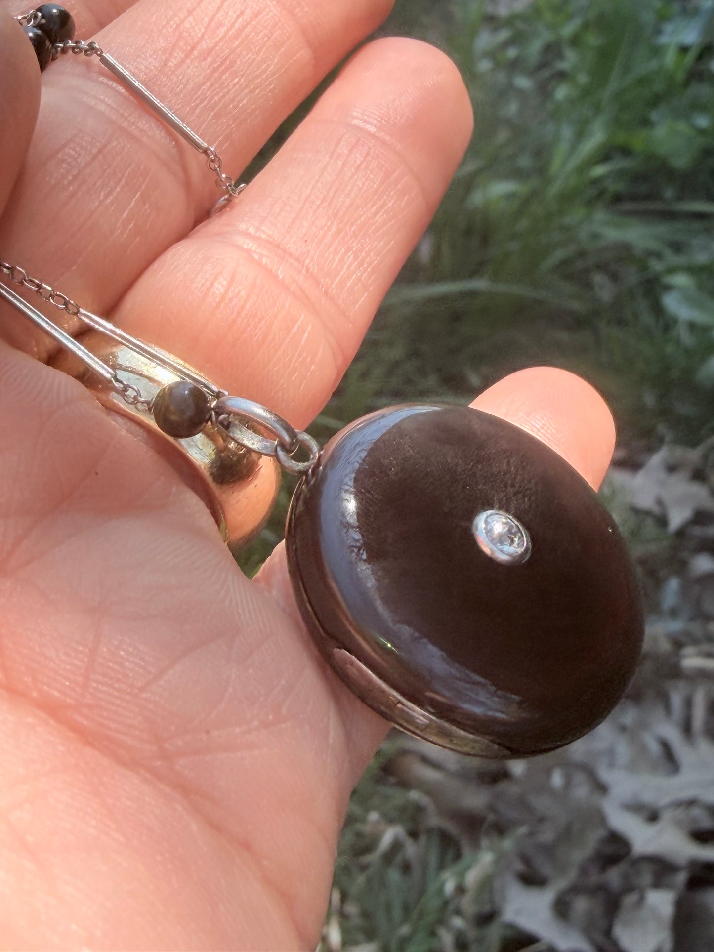 Art Deco Onyx, Old Cut Diamond Locket with Chain