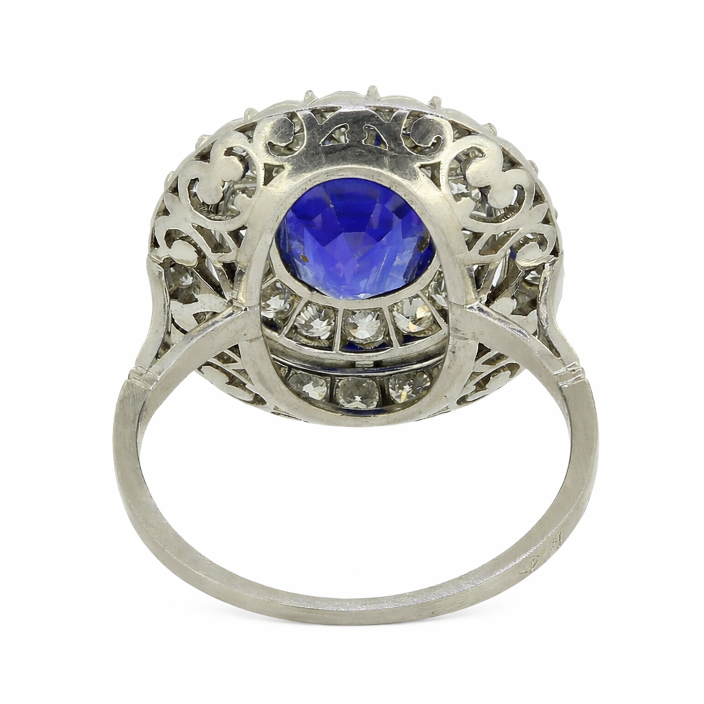 Art Deco 2.20 Carat Burmese Sapphire and Diamond Double Halo Ring