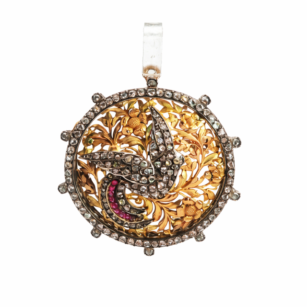 Antique Bird Pierced Gold & Gemstone Pendant - Brooch