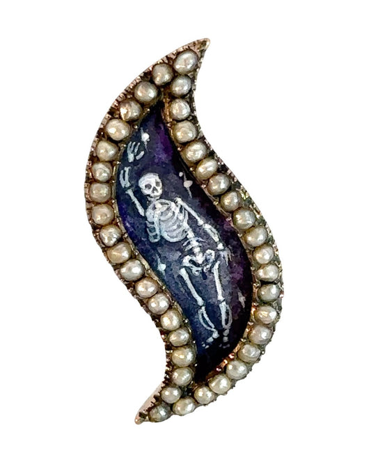 Antique Seed Pearl Brooch with Dancing Skeleton Miniature