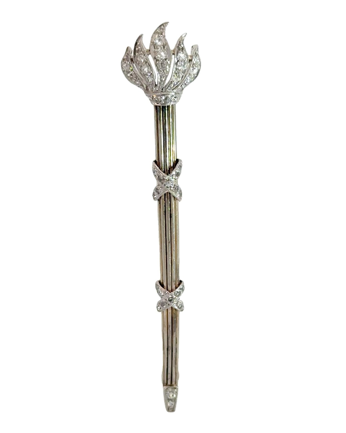 Art Deco Platinum Old Mine Cut Diamond Flaming Torch Brooch