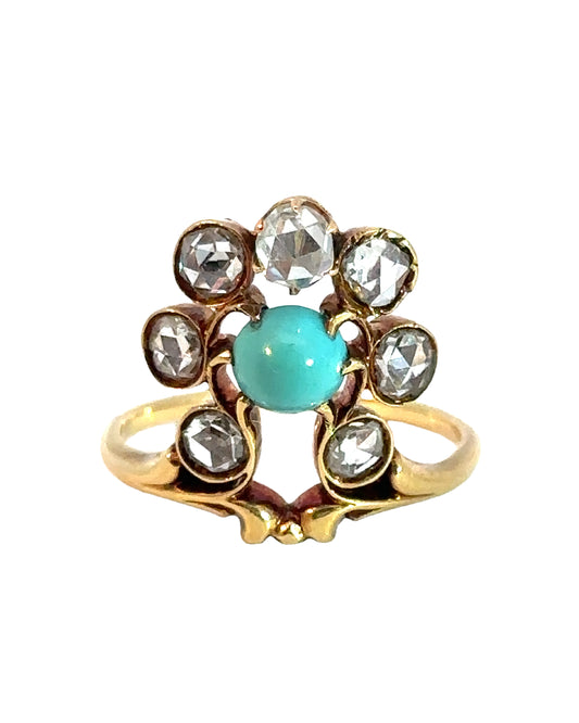 Art Nouveau Turquoise and Rose Cut Diamond Ring