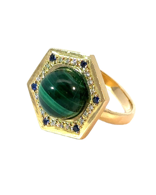 Mid Century 18k Yellow Gold Hexagonal Malachite Globe Ring