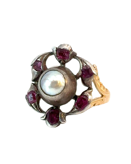 Antique 14k Gold Iberian Ruby and Pearl Conversion Ring