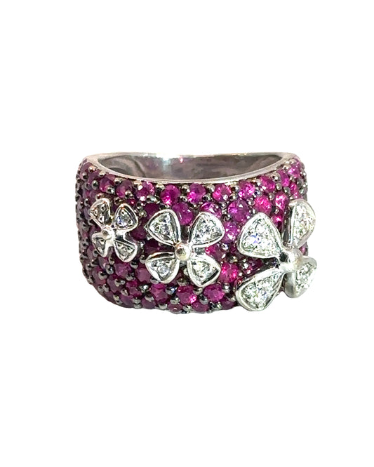 Estate Sonja B. Designs 18k White Gold Pave Ruby and Diamond Flower Ring