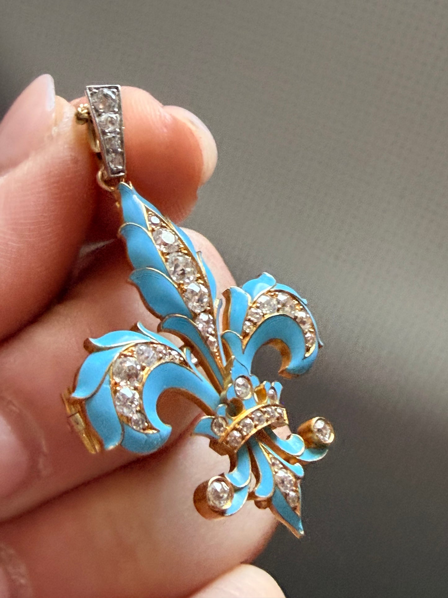 Victorian Enamel and Diamond Fleur-de-Lis Pendant Brooch