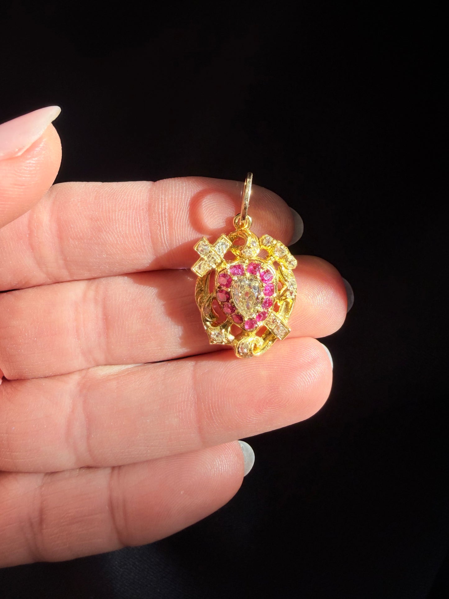 Victorian Ruby and Diamond Faith, Hope and Love Pendant