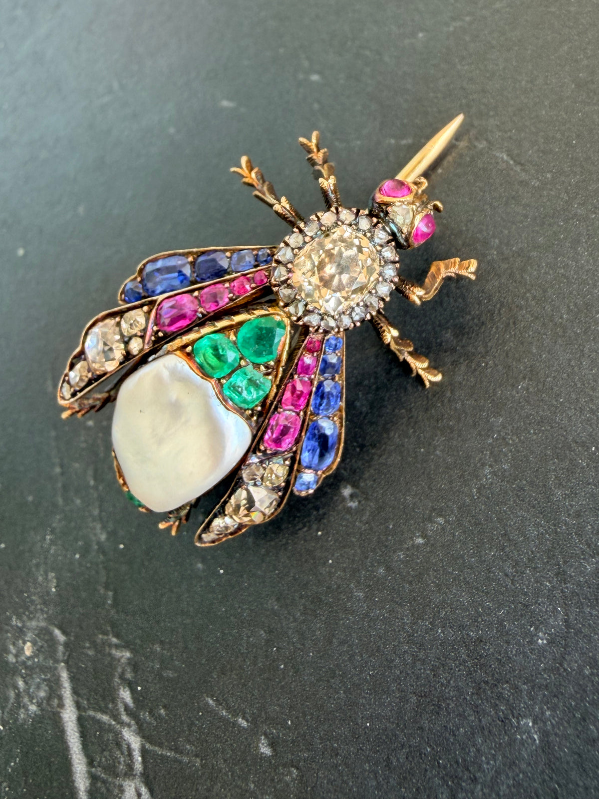 Victorian Natural Pearl and Gemset Bug Brooch