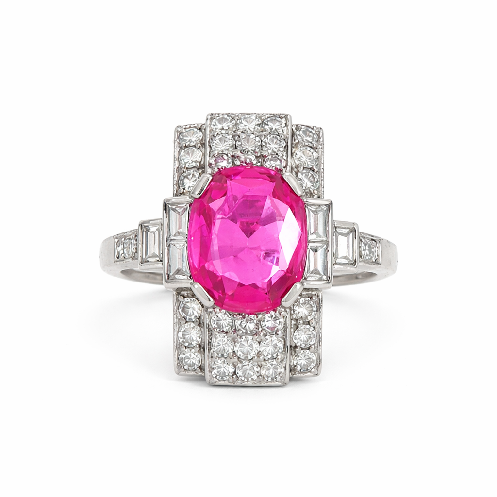 Art Deco Pink Sapphire and Diamond Ring