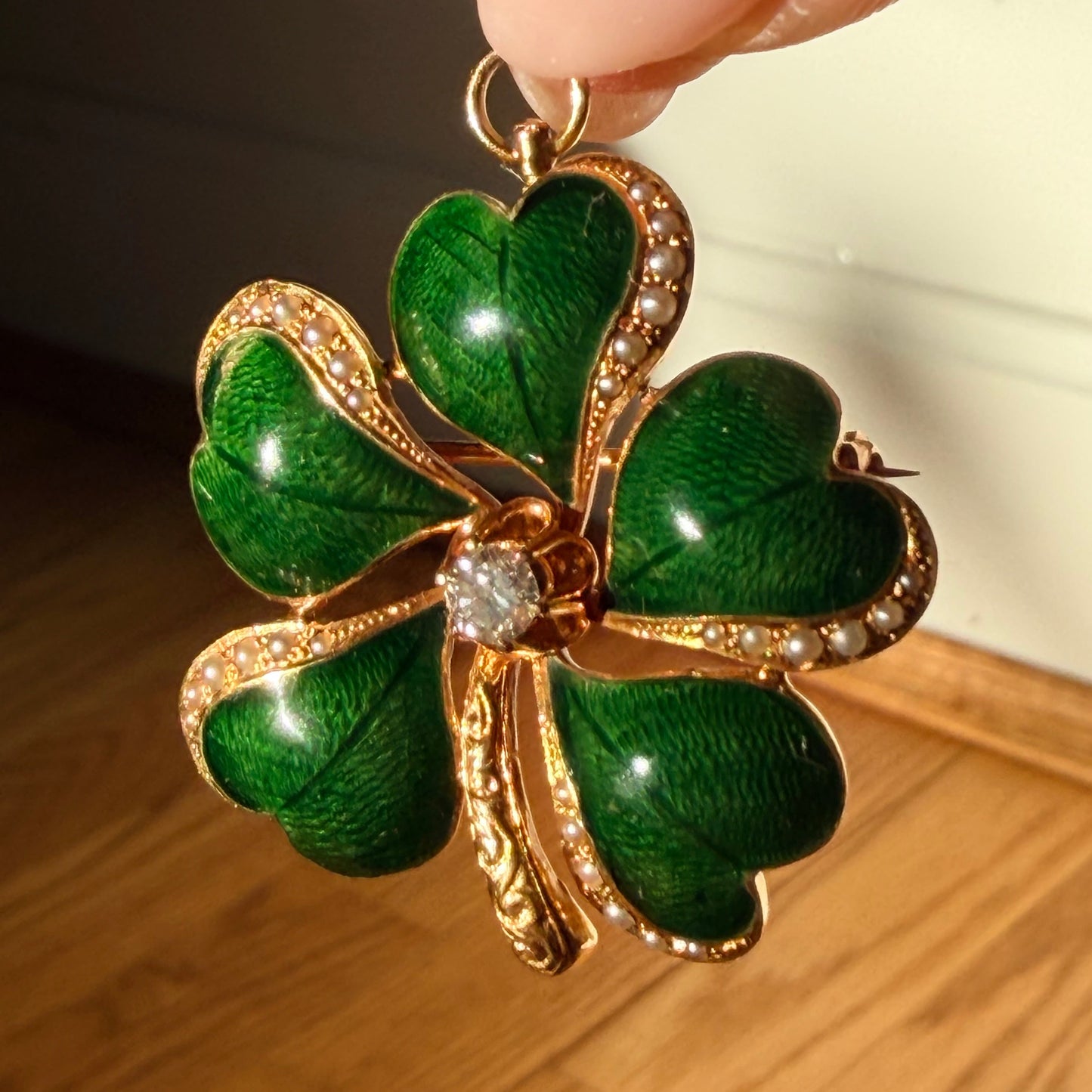 Victorian Green Enamel Five Leaf Clover Diamond Pendant Brooch